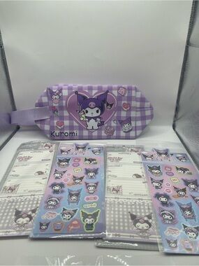 Kuromi 5 piece Purple Gingham Cosmetic Pouch with Sticker Sheets